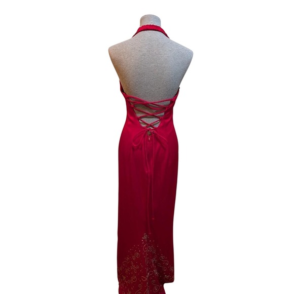 Red Holiday Vamp Vixen Y2K Red Silver Halter LaceUp Back Long Dress Vintage 90s - Picture 4 of 15